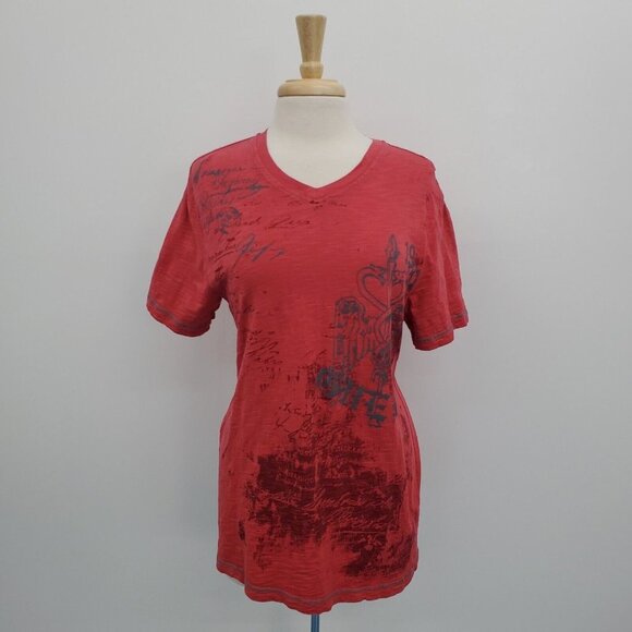 Guess Mens Short Sleeve Graphic Tee T-Shirt Size M Red Black Gray V-Neck Casual - Picture 1 of 13